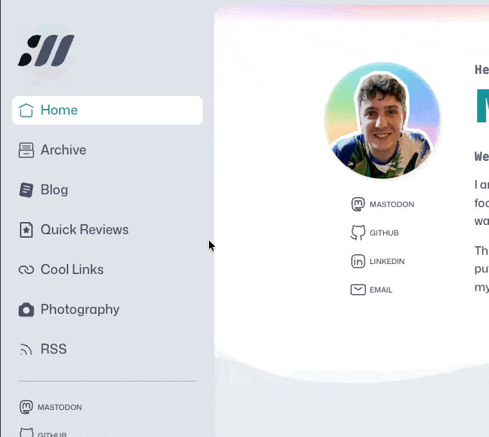 Screen recording of me navigating between the menu items on this website. For each section, the background color changes just a little bit.
