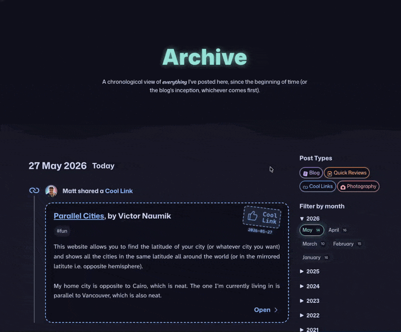 Screen recording of me playing with the filters in the archive page