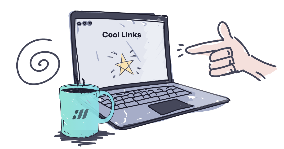 Illustration of Cool Links in a laptop screen, with a hand pointing at them in a cool way.