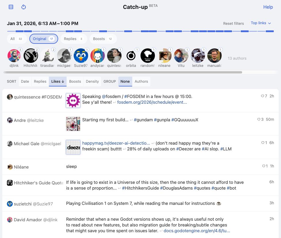 Screenshot of Phanpy showing a list of posts on the bottom, with a bunch of filters on top, like type of post, author, and sorting by date, likes, boosts.