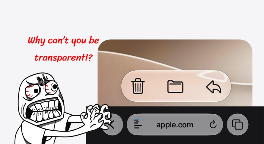 Angry meme face looking at Safari's opaque URL bar and saying "Why can't you be transparent?"