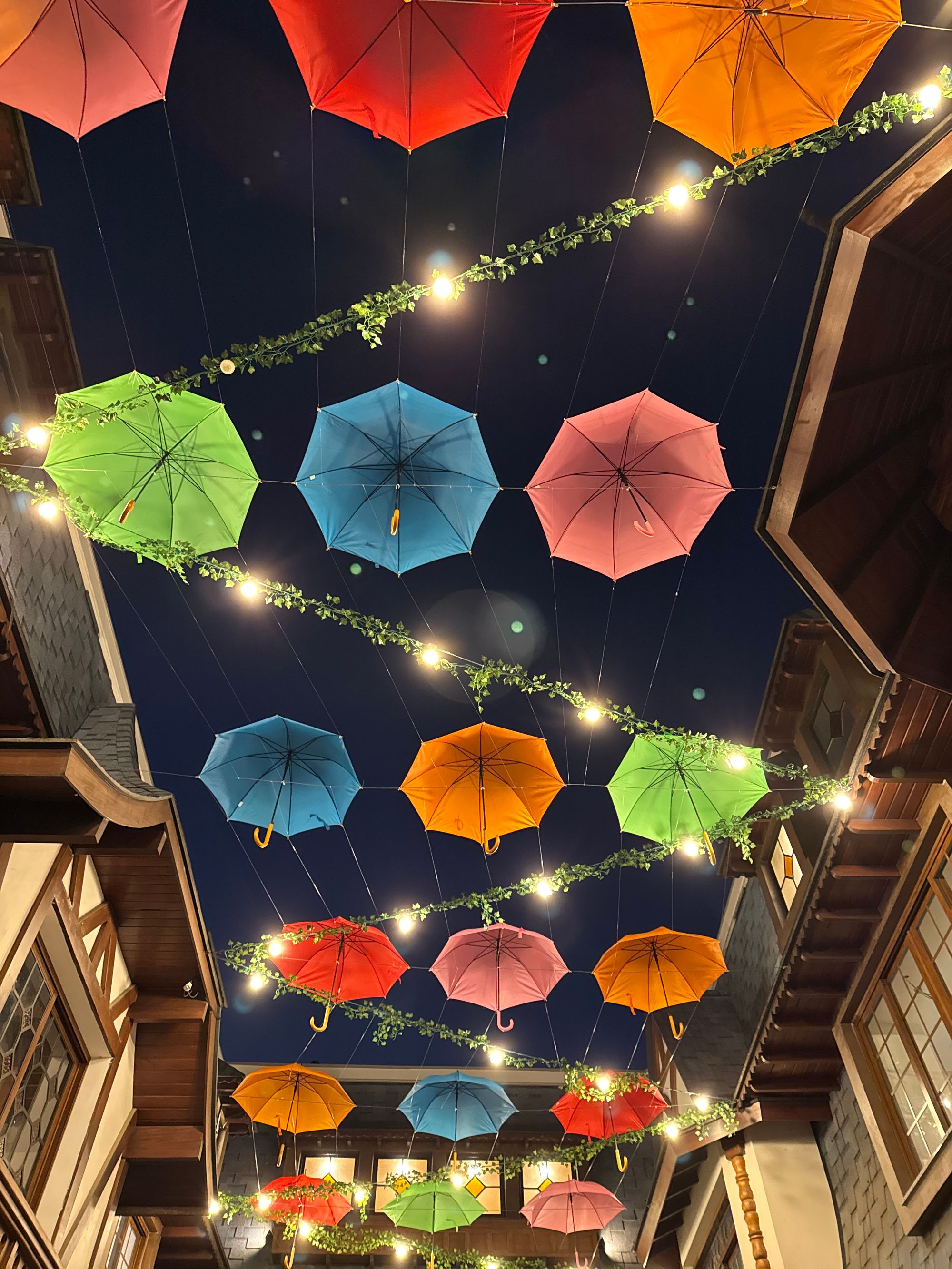 Photo taken from below of a street covered by colorful umbrellas and light bulbs, woven beneath the roofs. It’s night time