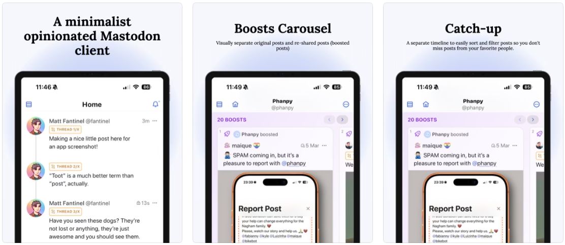 3 iPhanpy screenshots highlighting the features: a minimalist opinionated Mastodon client, Boosts Carousel and Catch-up